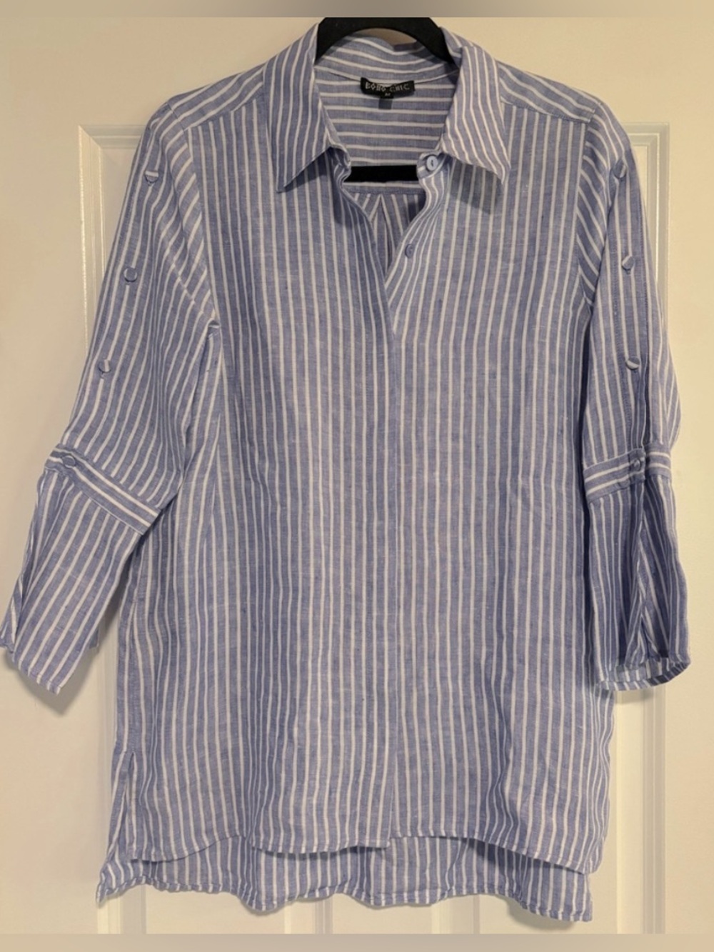 Boho Chic Linen Striped Button Down Shirt, size Medium